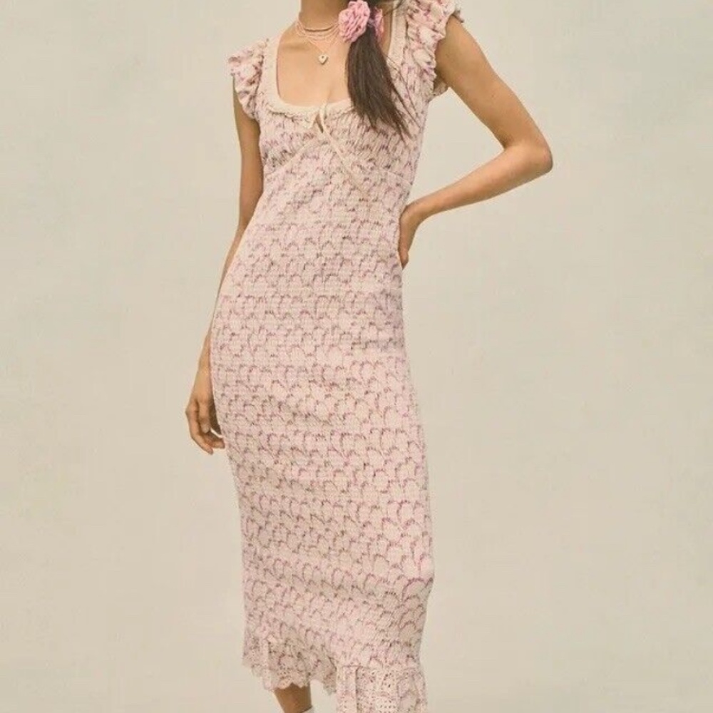 Free People Mckenna Velvet Midi Dress In Ivory Combo Size Medium Cottagecore Y2K
